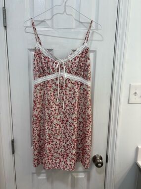 Forever 21 Cream Slip Dress with Red Floral Print and Lace Trim